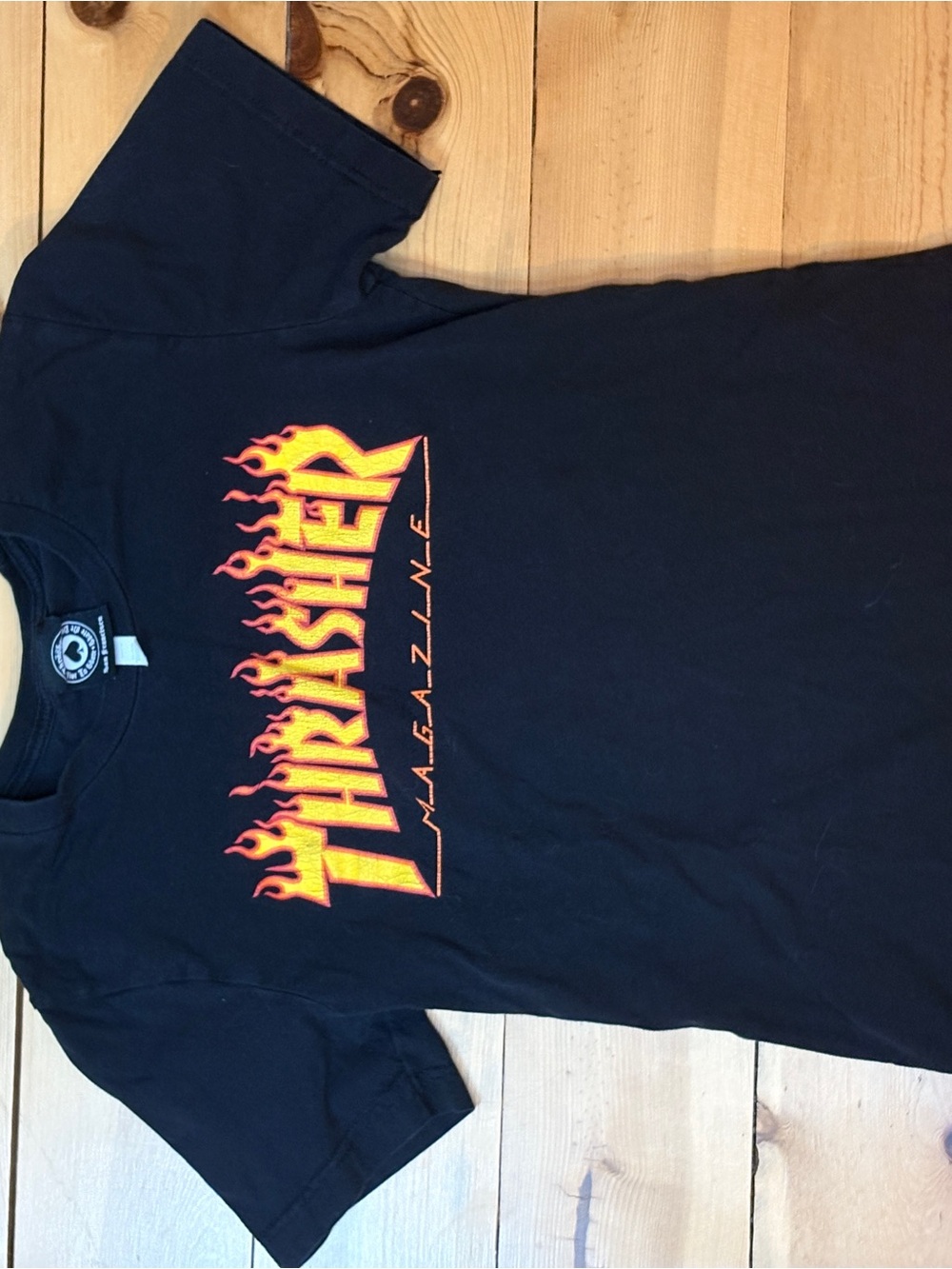 Thrasher Black T-Shirt with Orange and Yellow Flame Logo